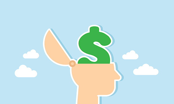 A flat illustration of a human head silhouette with a green dollar sign inside, representing a financial mindset.